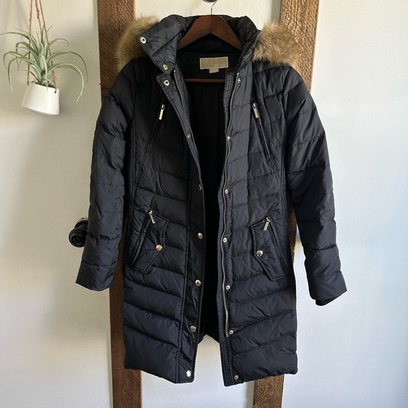 Michael Michael Kors Women Black Down Puffer Winter Coat Faux Fur Trim Hood PXXS - Picture 4 of 16